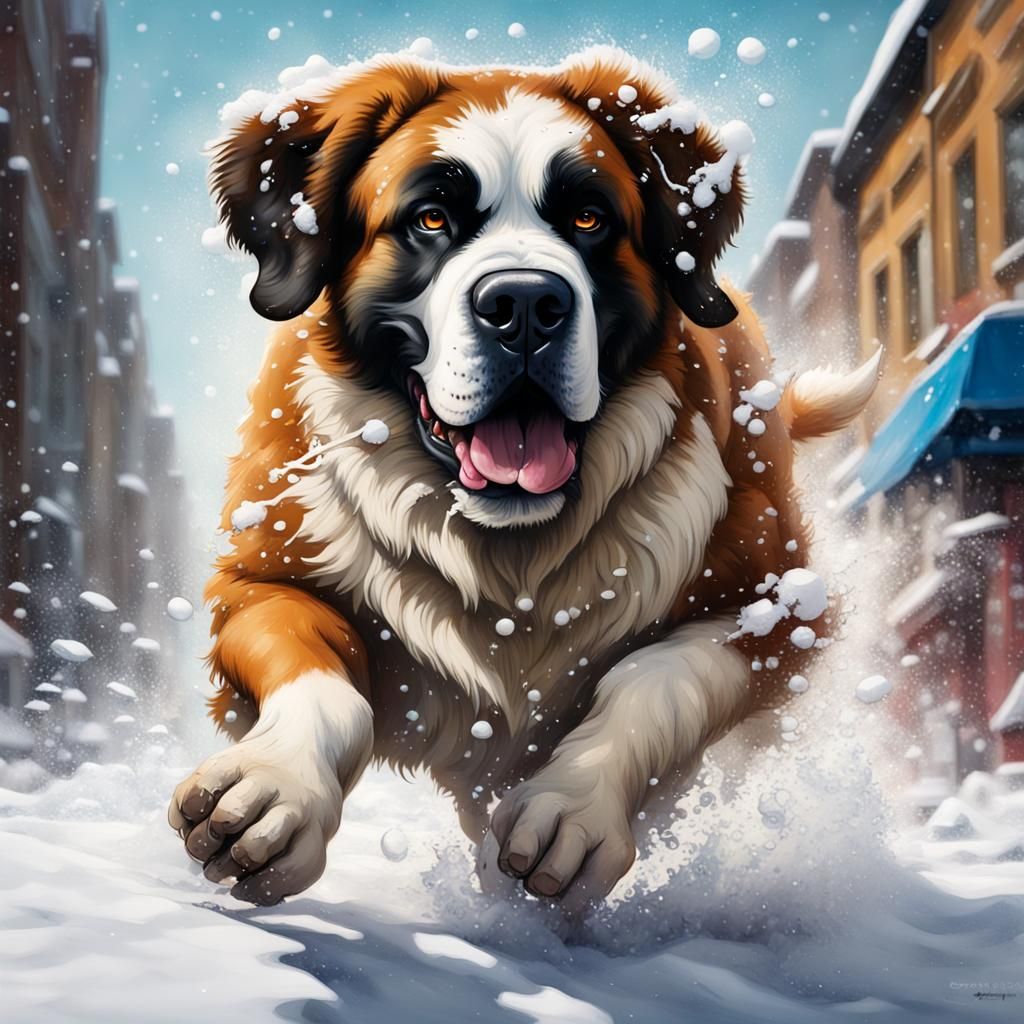 St. Bernard in Snow: Graffiti Art Style