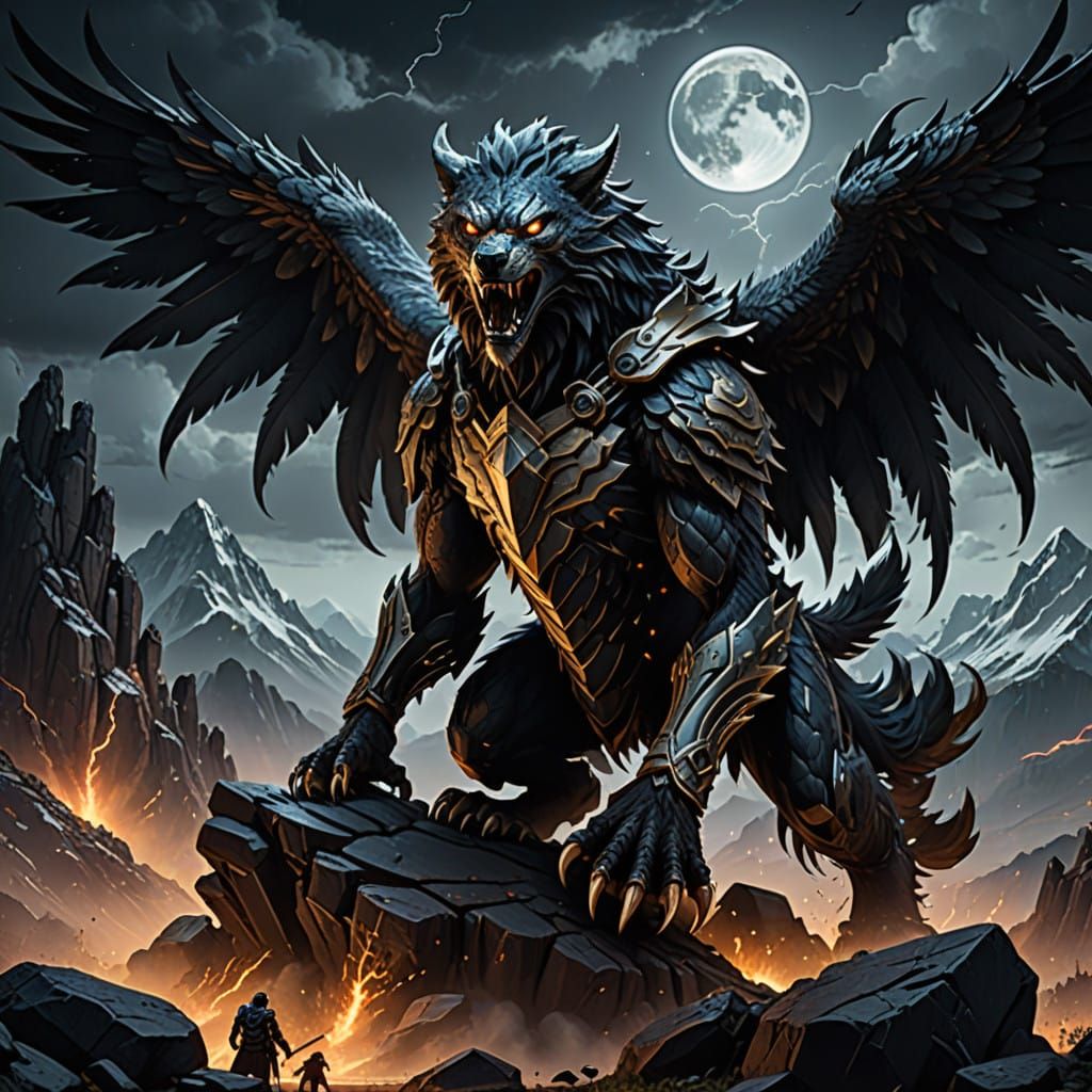 Mythical Eagle-Wolf Hybrid Radiates Power on Dark Mountain