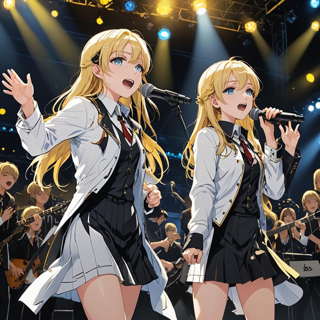 Anime Twins Sing on Stage in Cel-Shaded Style