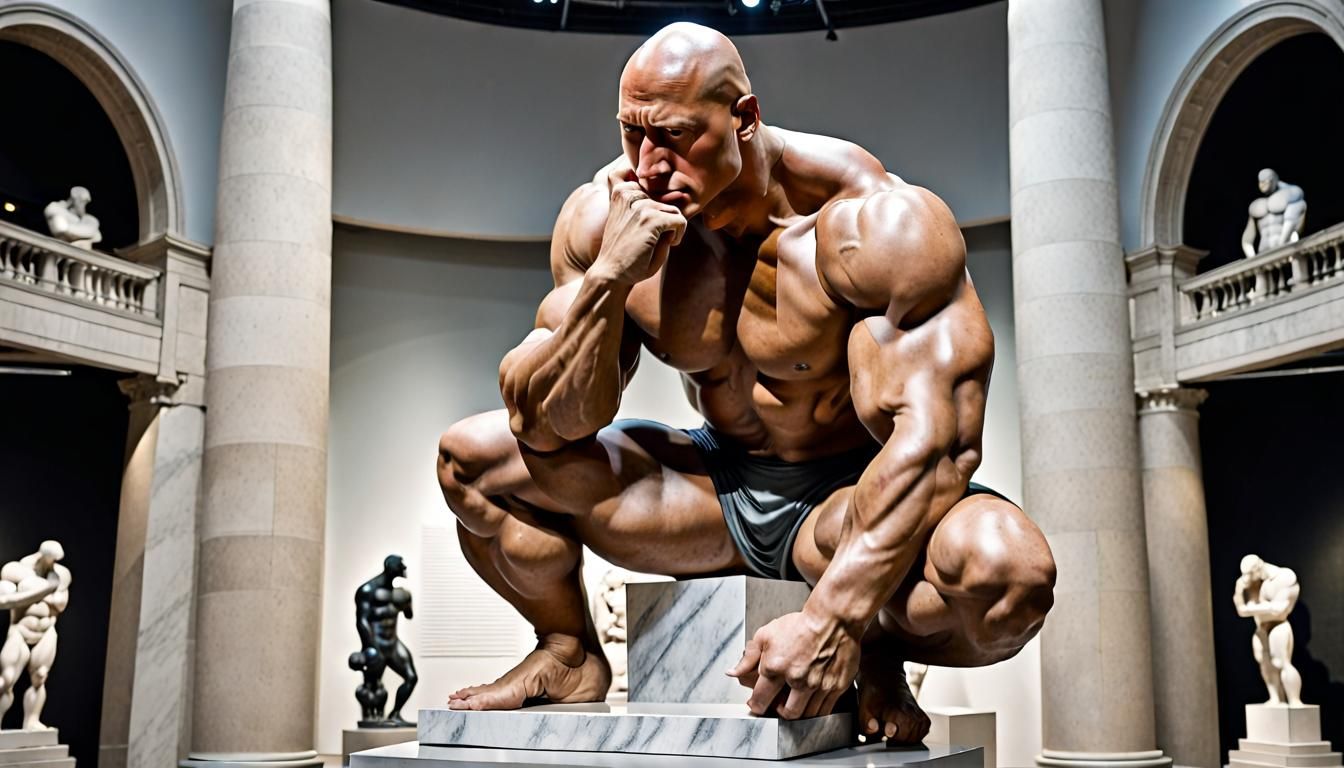 Wrestler as Marble Thinker Statue in Museum