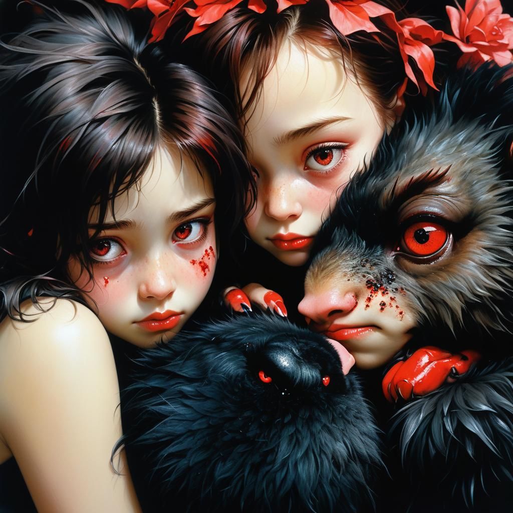 Girl Snuggling Fuzzy Beasts, Botero Style