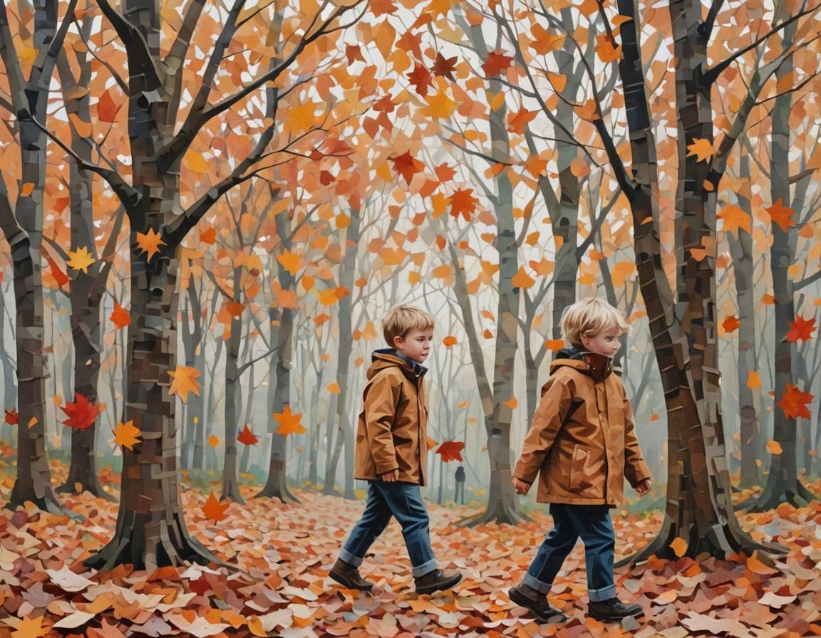 Boy Walks Through Autumn Leaves Collage Art