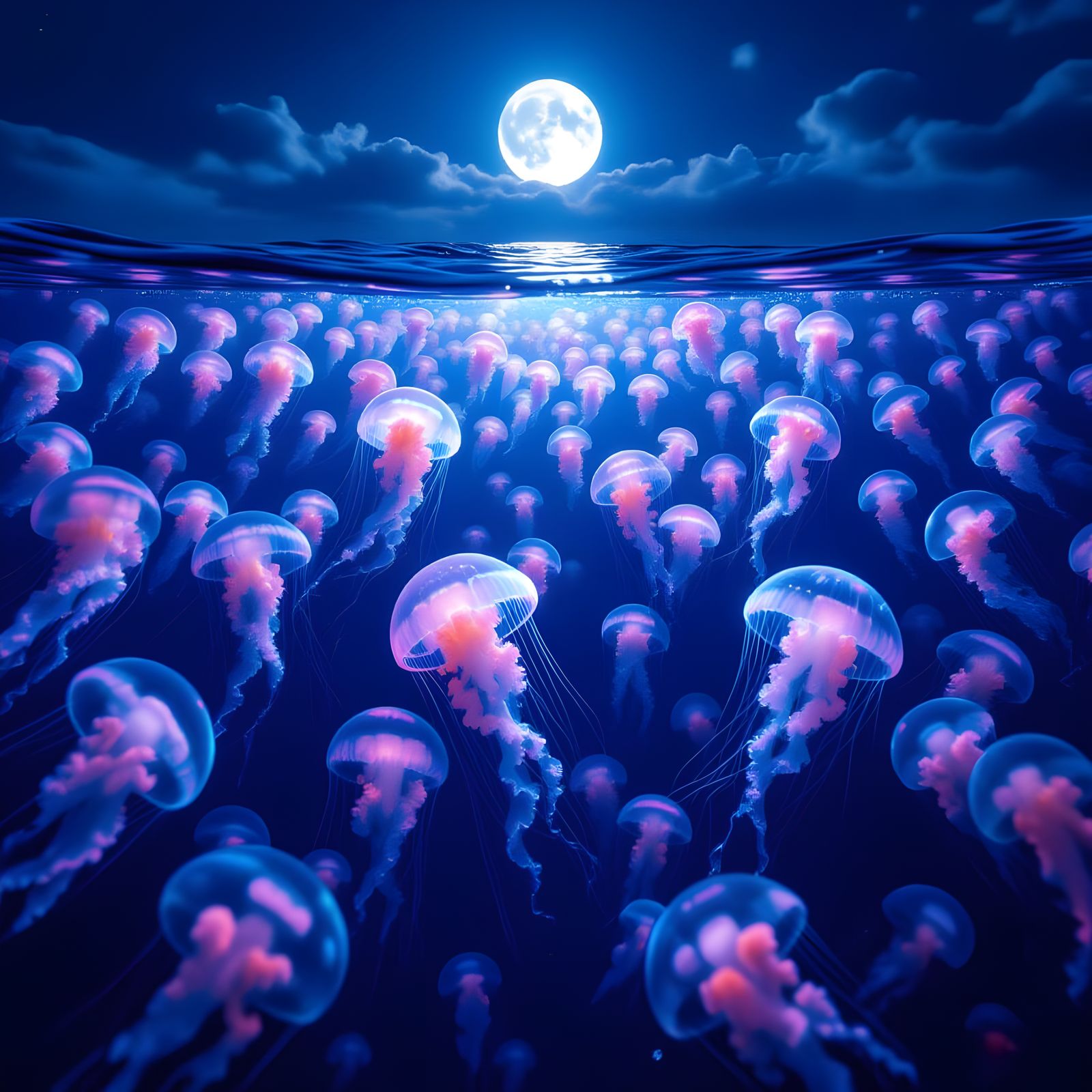 Phosphorescent Jellyfish School Drifting in Moonlight