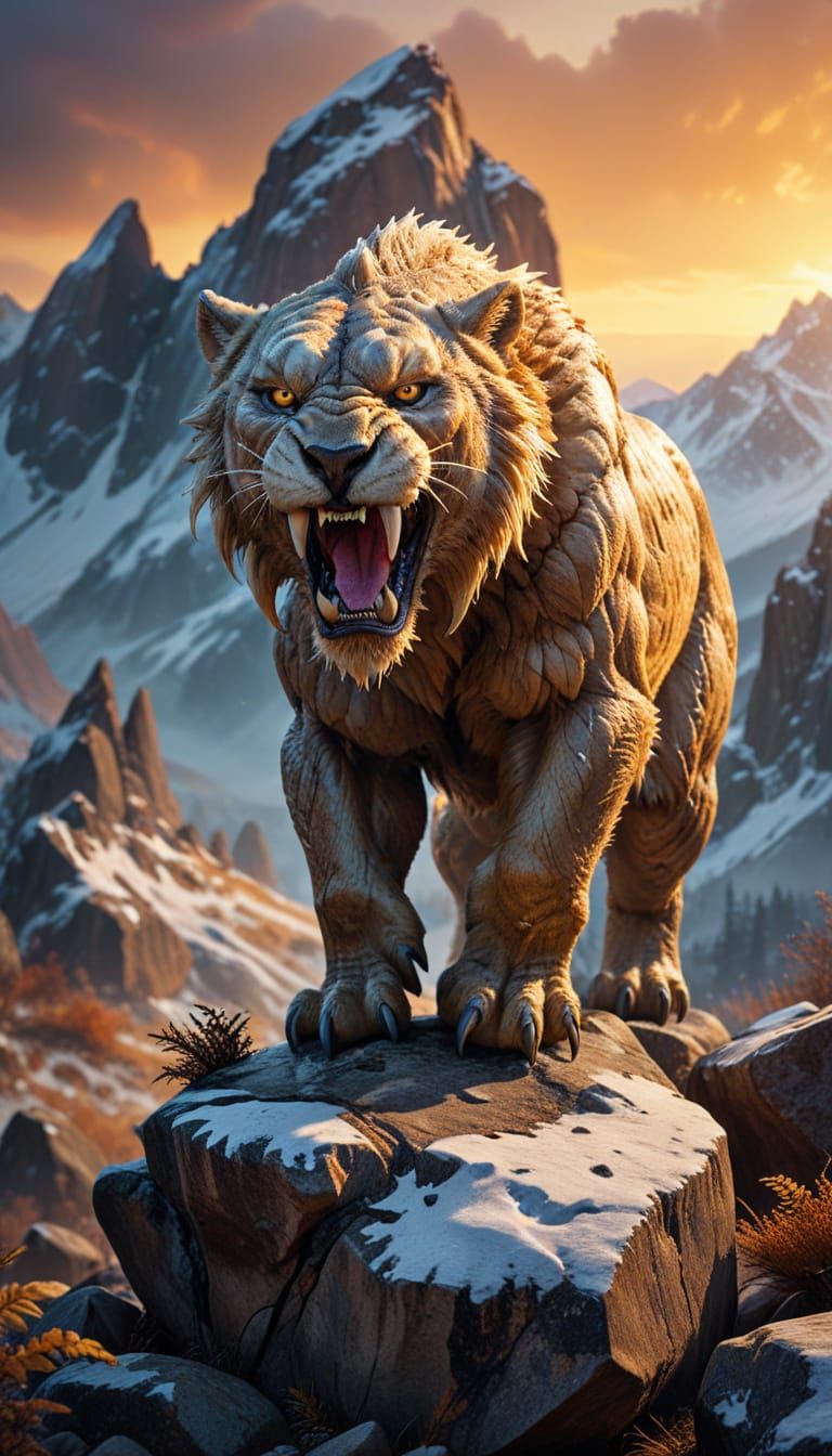 Saber-Toothed Cat in Misty Mountains: Fantasy Illustration