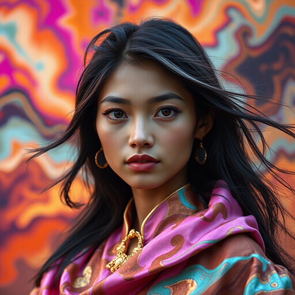 Filipina Woman in Iridescent Gown, Windswept Hair