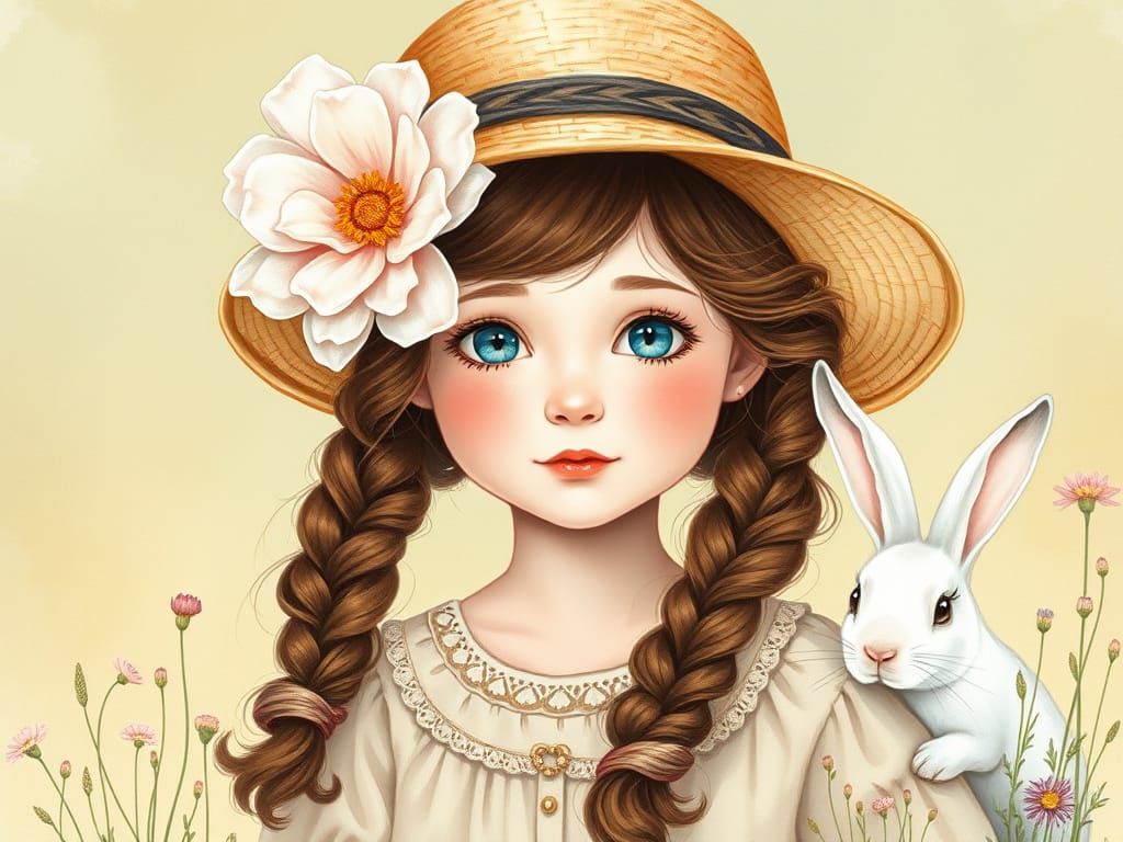 Watercolor Portrait of Innocent Girl in a Whimsical Landscap...