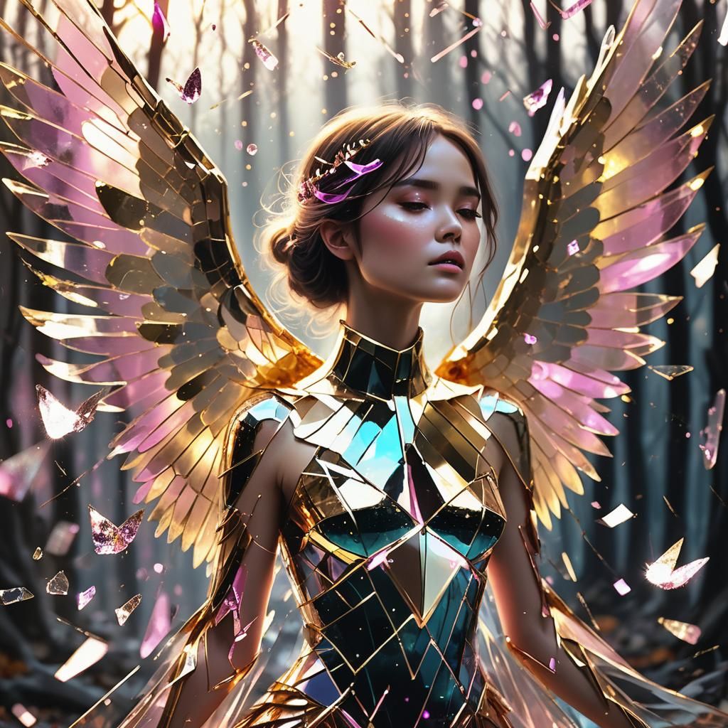 Woman with Shattered Glass Wings in Golden Light