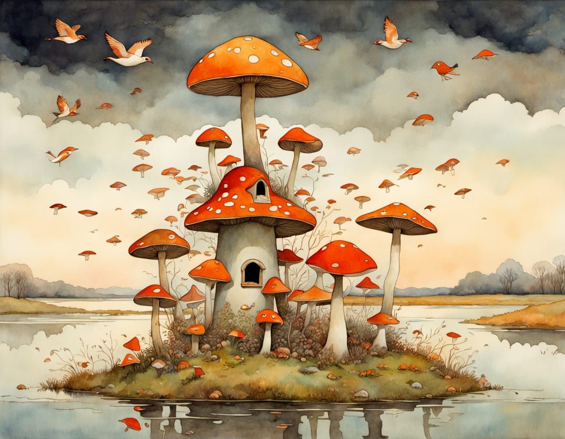 Whimsical Birdhouse in Mushroom Land: Watercolor Fantasy