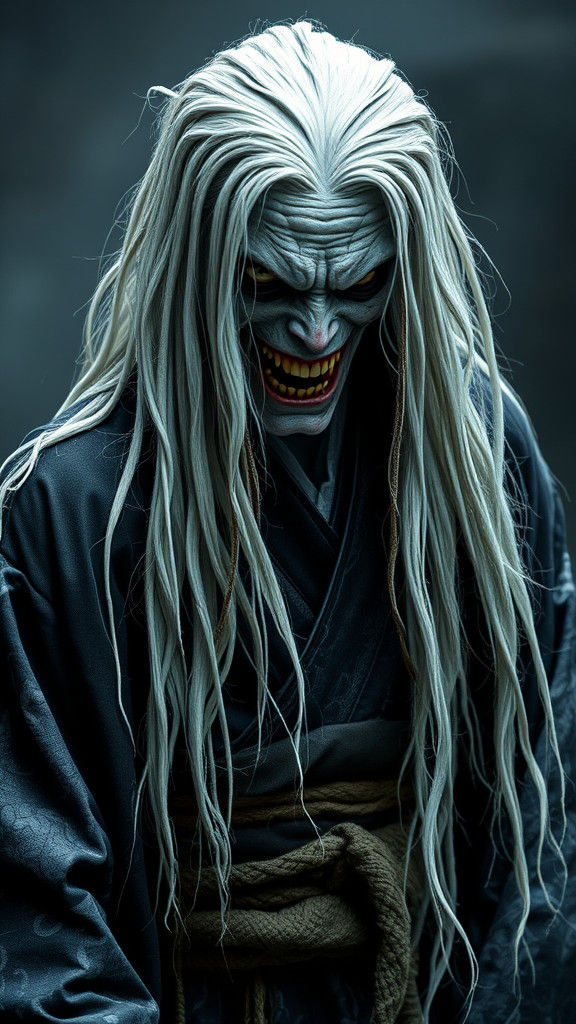 Terrifying Japanese Warrior with Long White Hair in a Black...