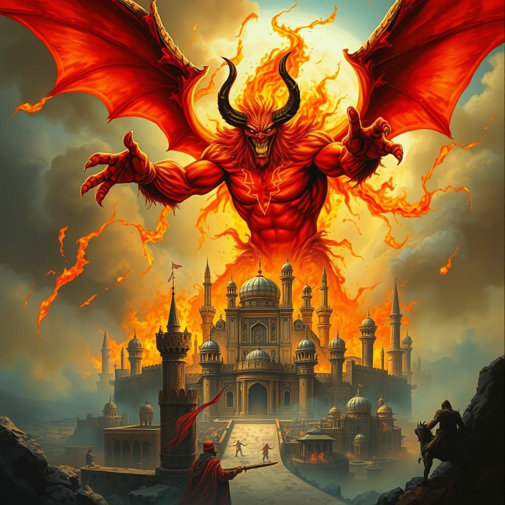 Fiery Ifrit Threatens Arabian City, Frazetta Style