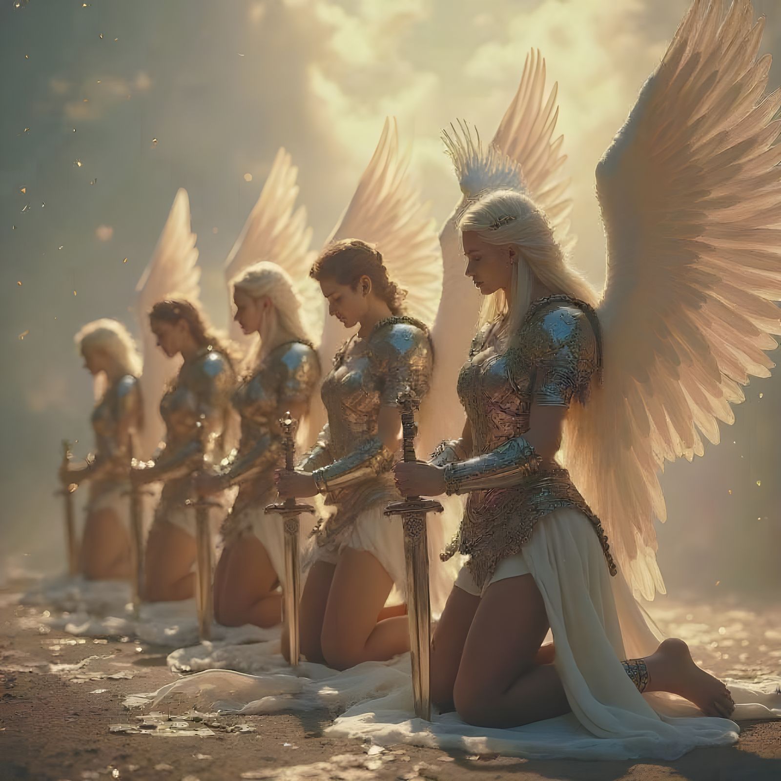 Angels Kneeling in Divine Light as Fantasy Art