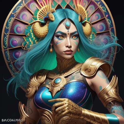 Metallic Woman with Dragon Serpent in Pop Art