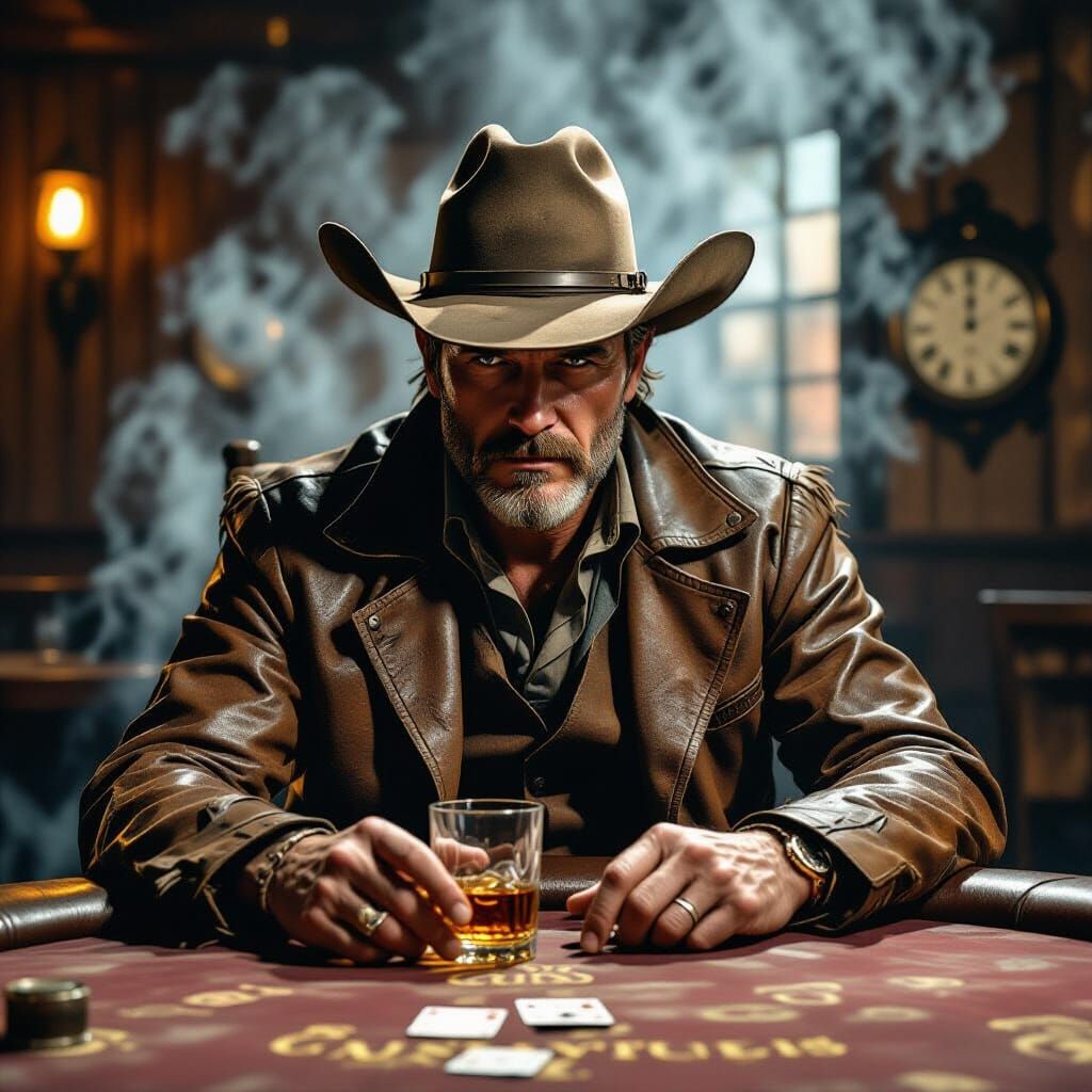 Surreal Cowboy at Poker Table in Dim Saloon
