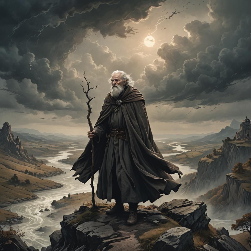Old Man on Windy Hill: Dark Fantasy Illustration