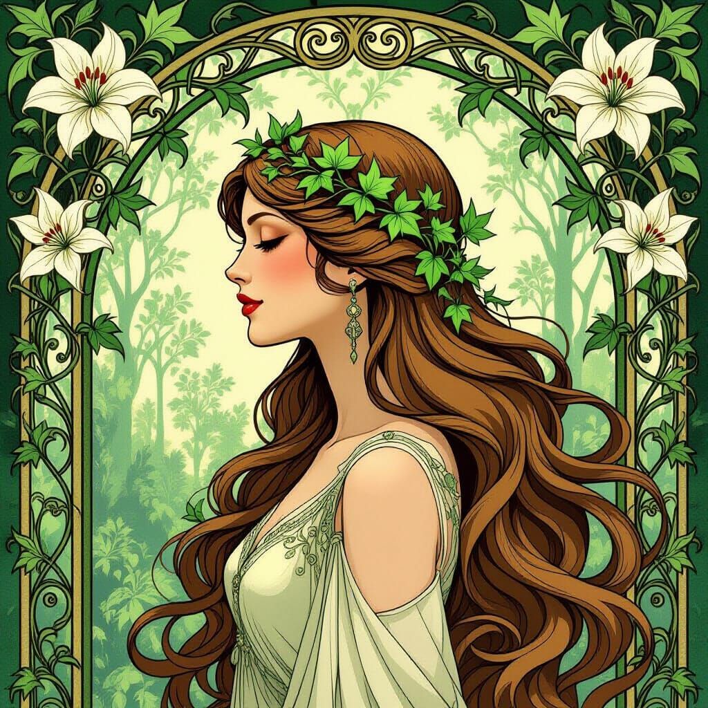 Art Nouveau Woman with Flowing Hair Turned to Ivy