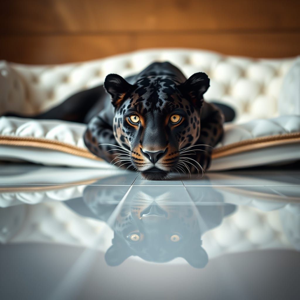 Majestic Black Jaguar on Luxurious White Futon