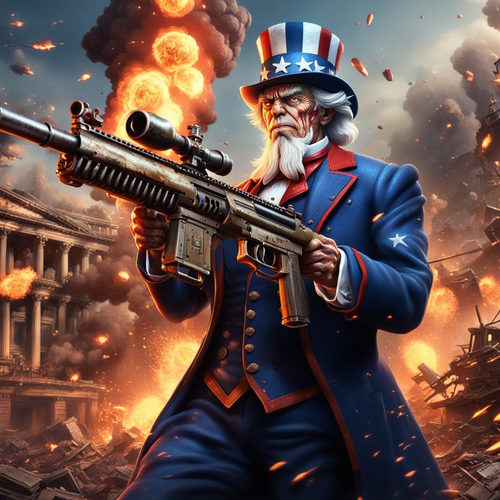 Uncle Sam with Machine Gun, Detailed Digital Painting