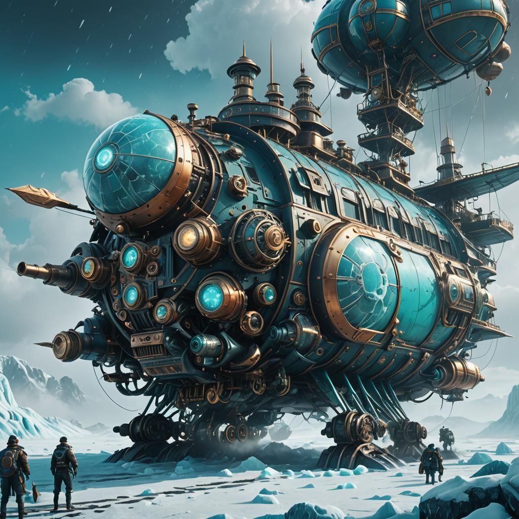 Steampunk Airship Over Arctic Planet in Cinematic Style