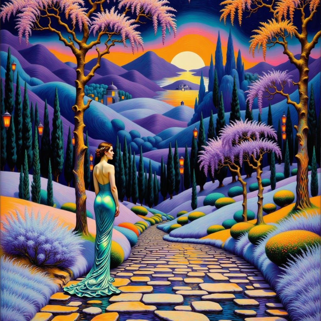 Ethereal Moonlight Scene of Woman in Mystical Alley