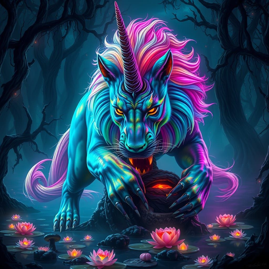 Majestic Unicorn Lion Hybrid in Dark Fantasy Realm