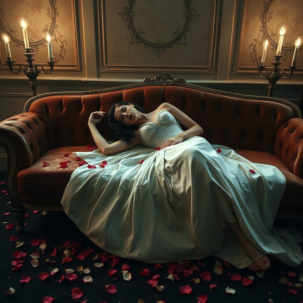 Woman in Gown Collapsed on Couch: Cinematic Style