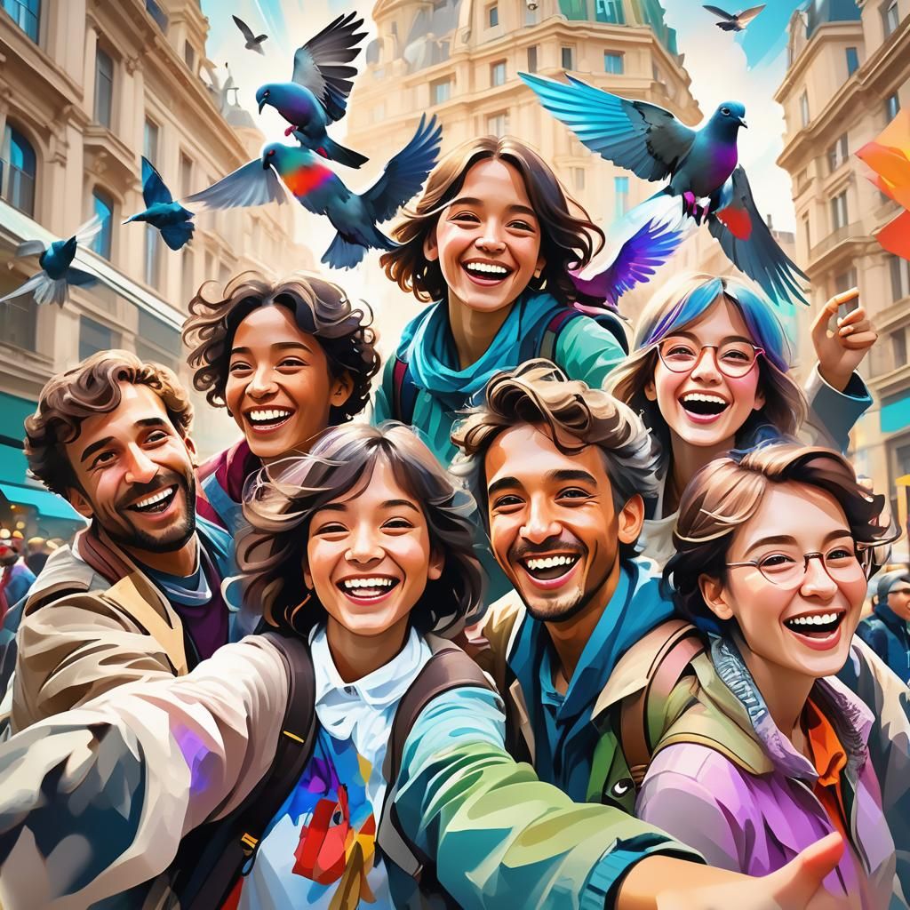 Pigeon Photobomb: Tourists at City Landmark in Vibrant Color...