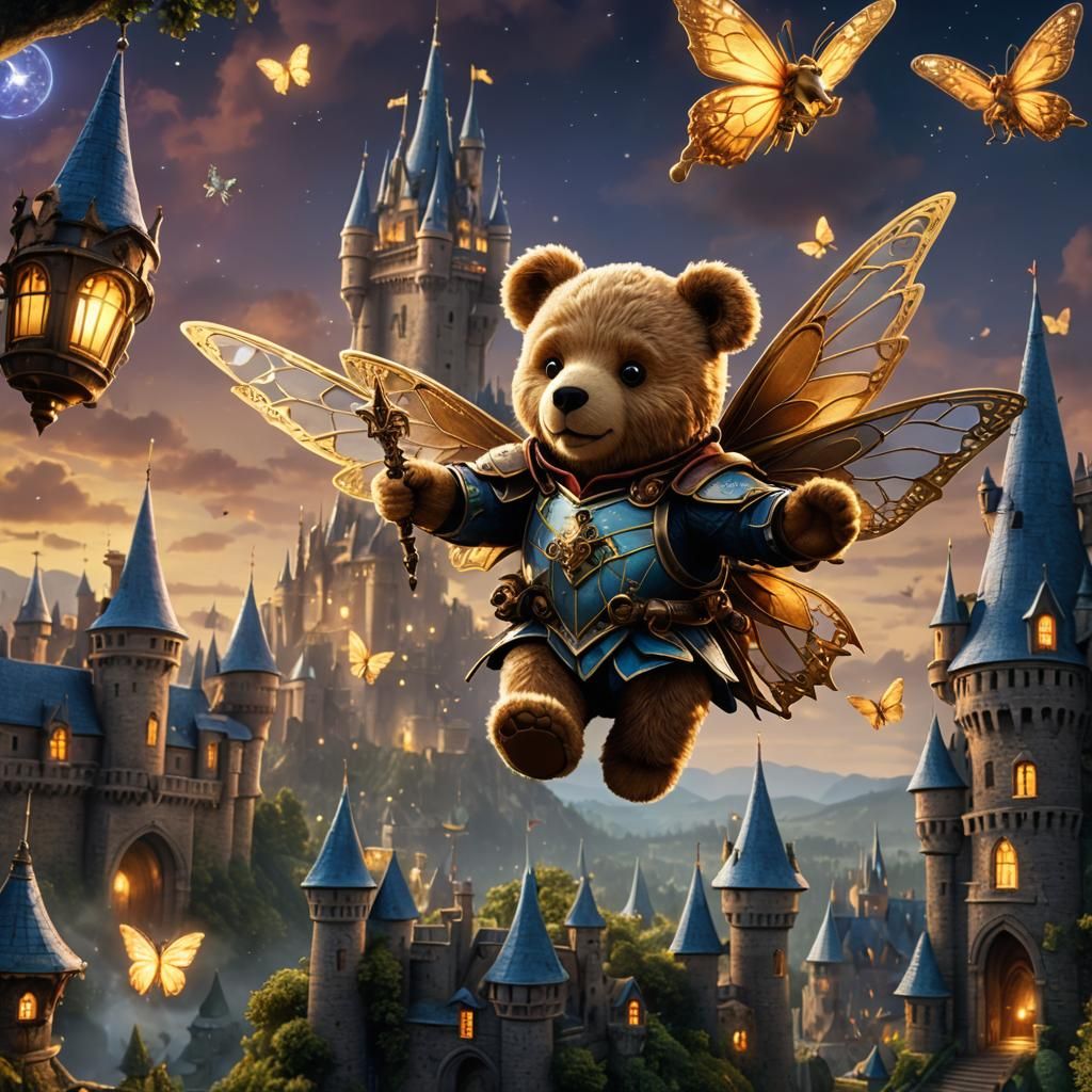 Teddy bear fairy flying around toy castle