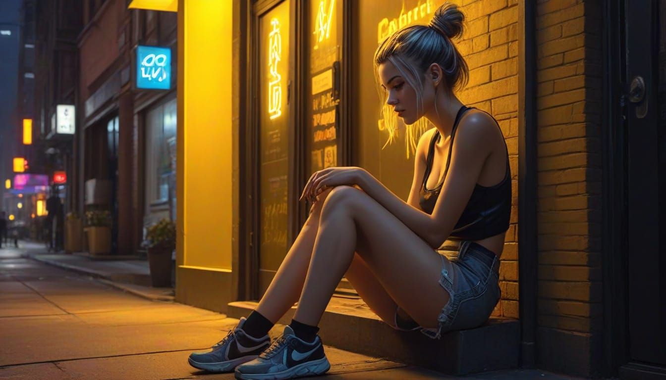 Cyberpunk Woman Eating Burger in Neon-Lit City