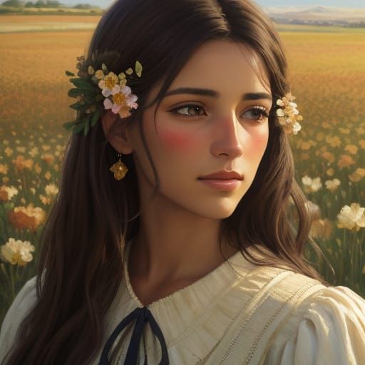 Andalusian Woman in Field: Impressionist Oil Painting