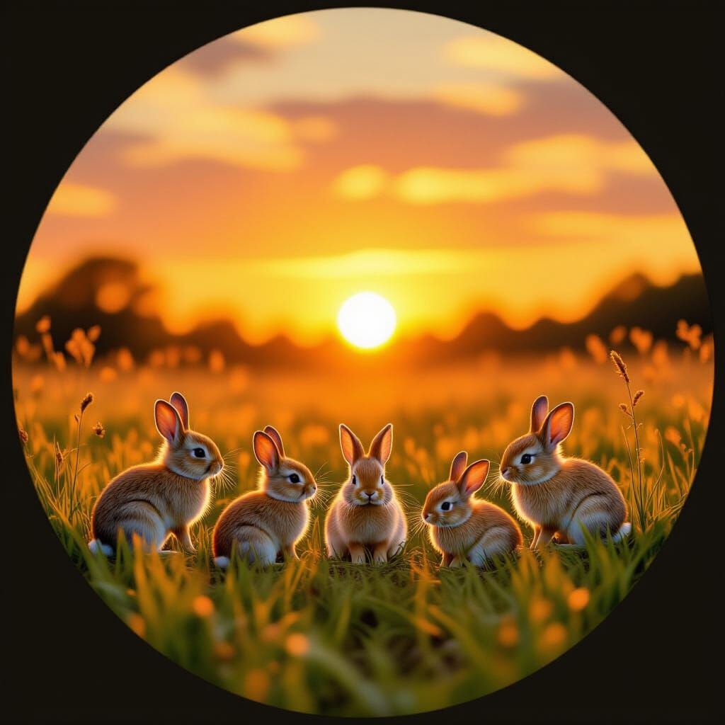 Five Rabbits Explore Meadow at Orange Sunset