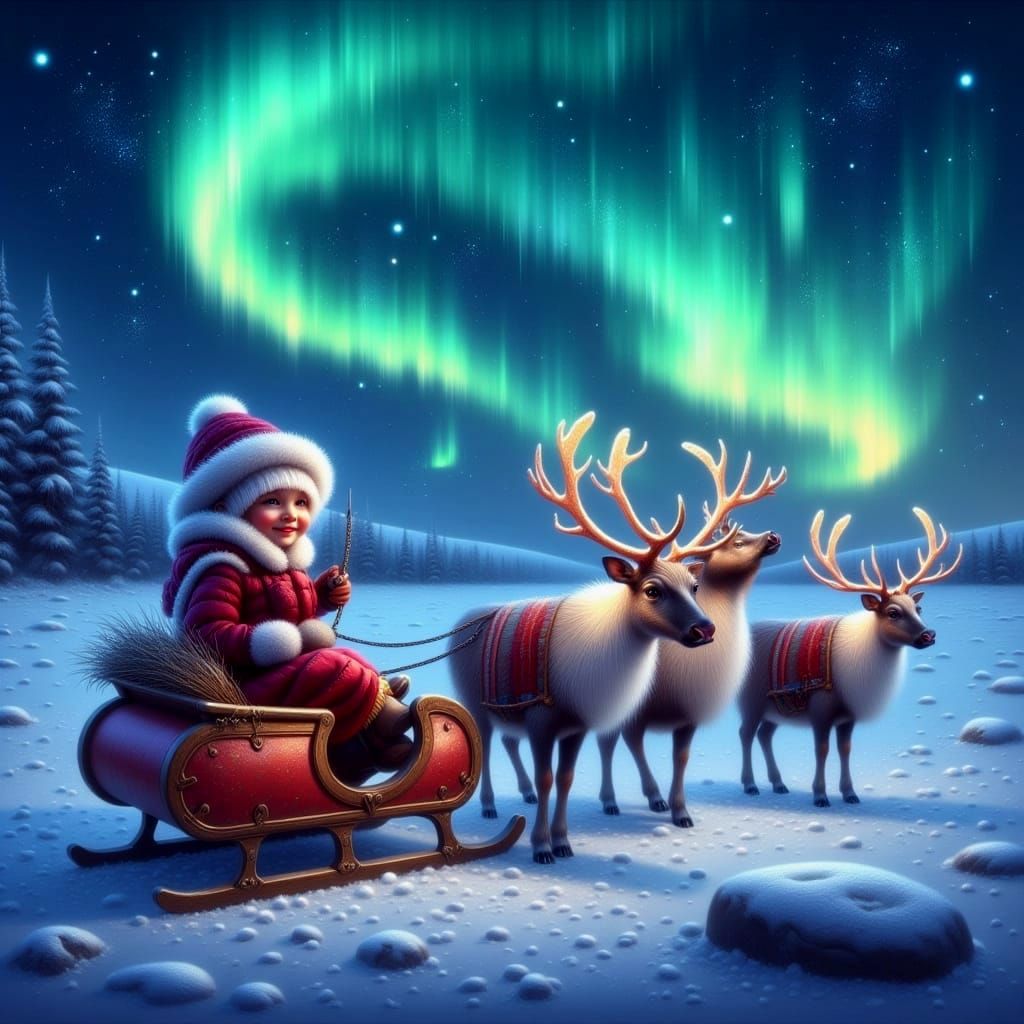 Child's Sleigh Ride Through Northern Lights