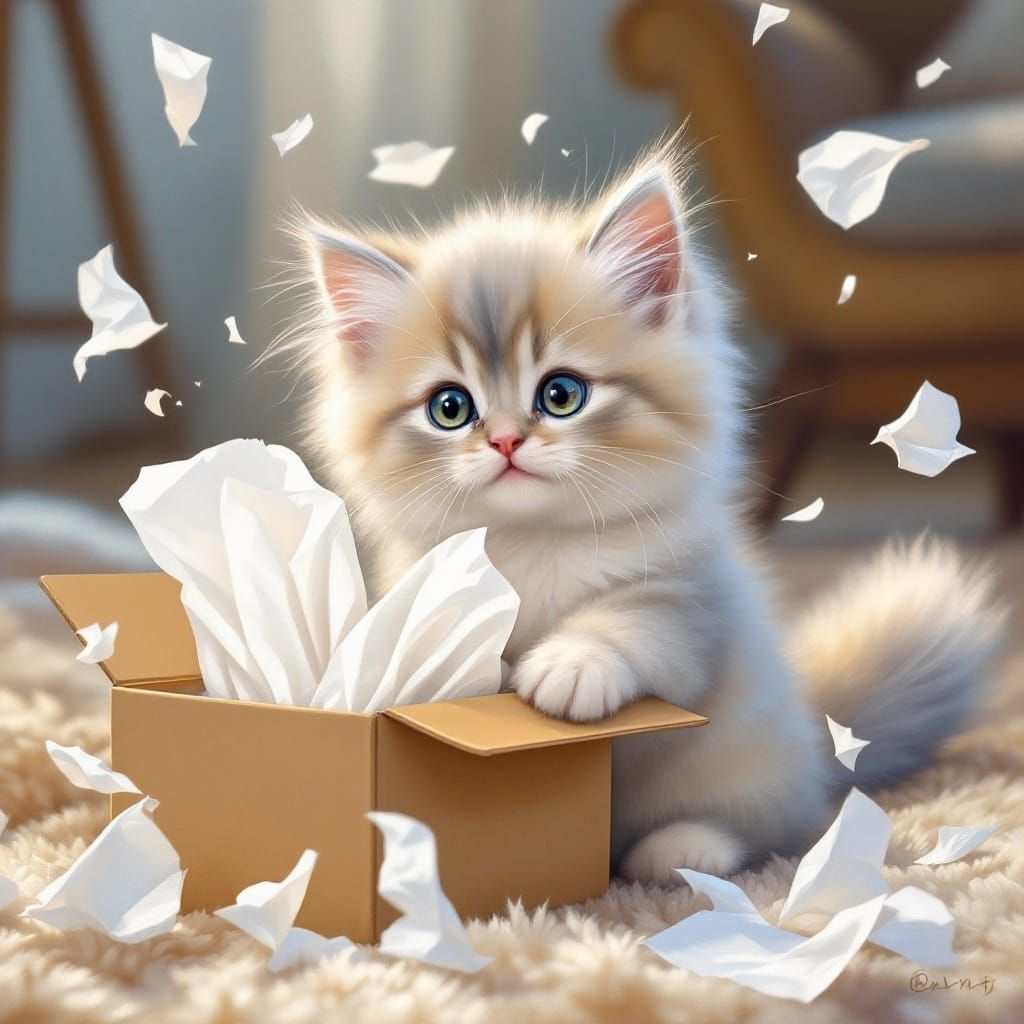 Whimsical Oil Painting of a Kitten with Tissues