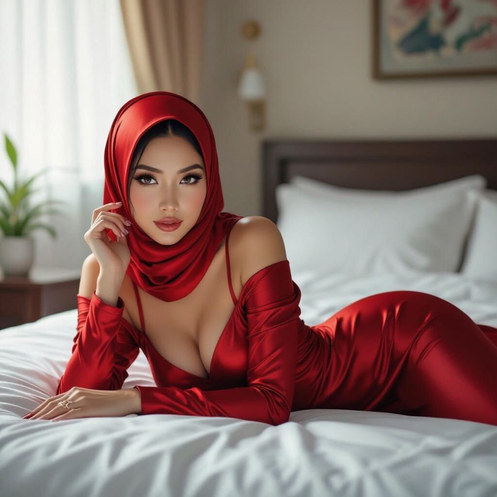 Malaysian Woman in Red Satin on Cozy Bed