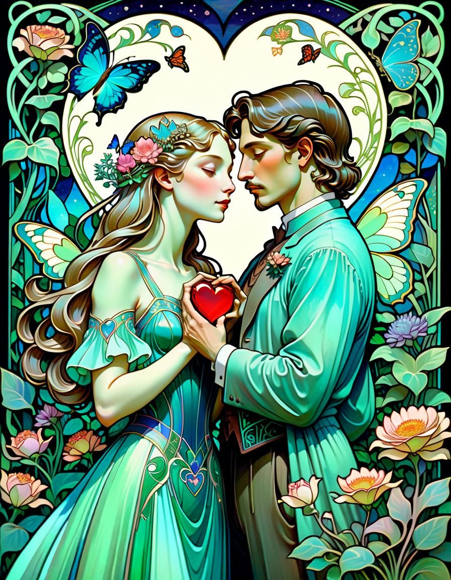 Tarot card 'Nr. VI' of the Lovers inspired by Art Nouveau featuring a couple depicted by Alphonse Mucha and Amanda Sage ...