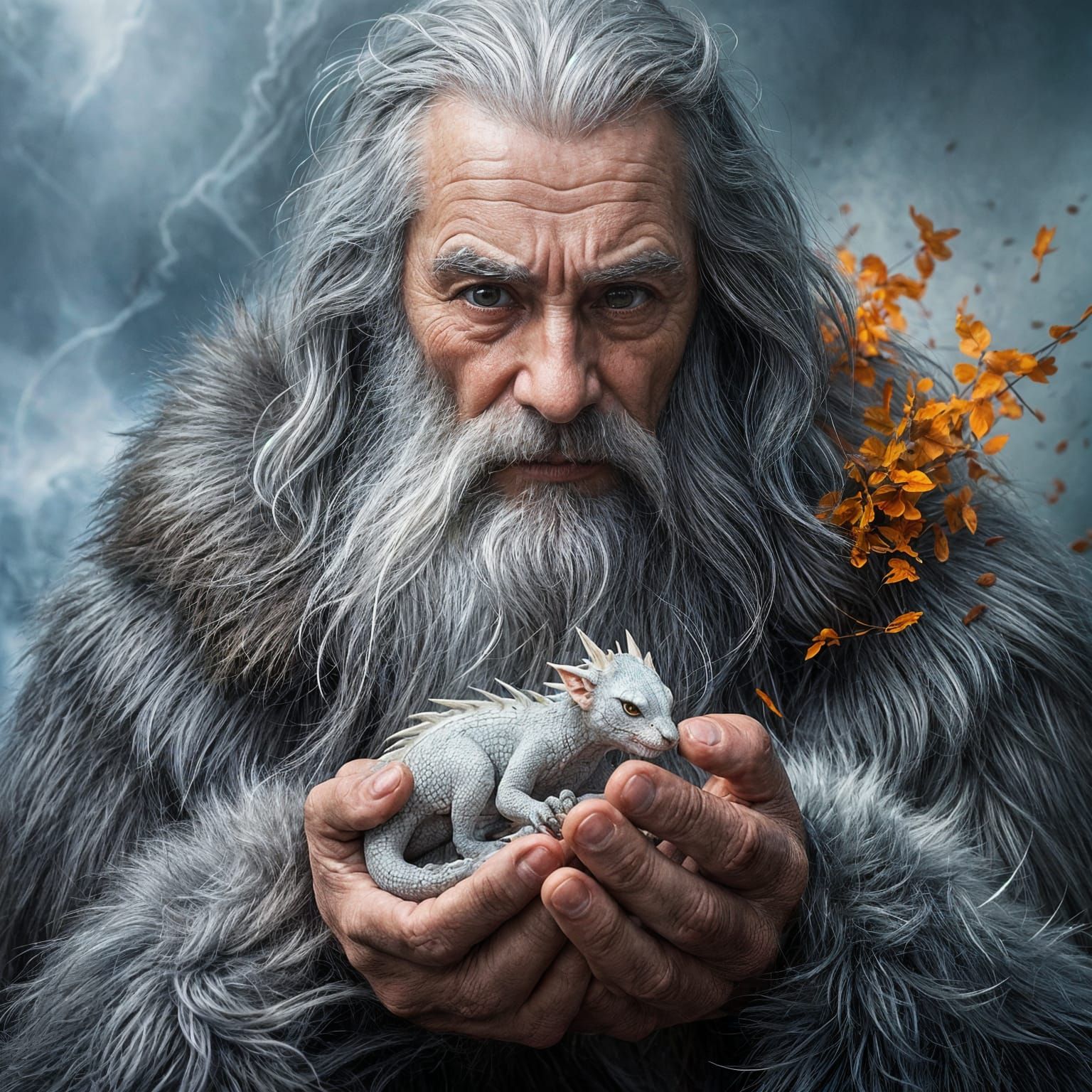 Elderly Man Holding a Fragile Dragon in a Harsh Winter Lands...