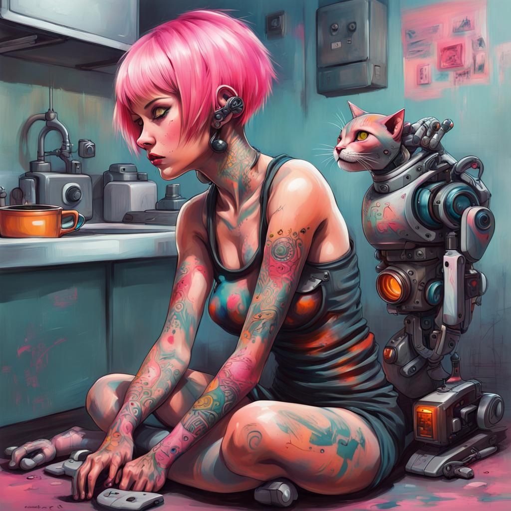 Android Girl Petting Robo-Cat in Smart Kitchen