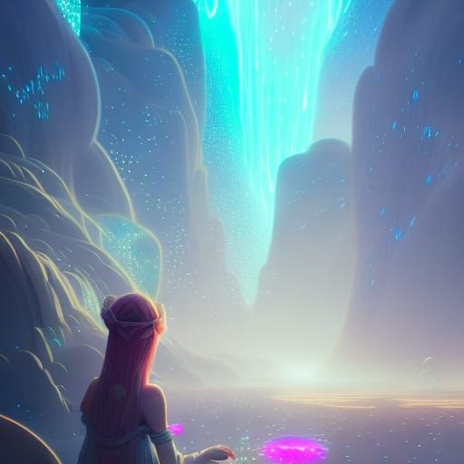 Ethereal Gods Surrounded by Luminous Crystals and Stars