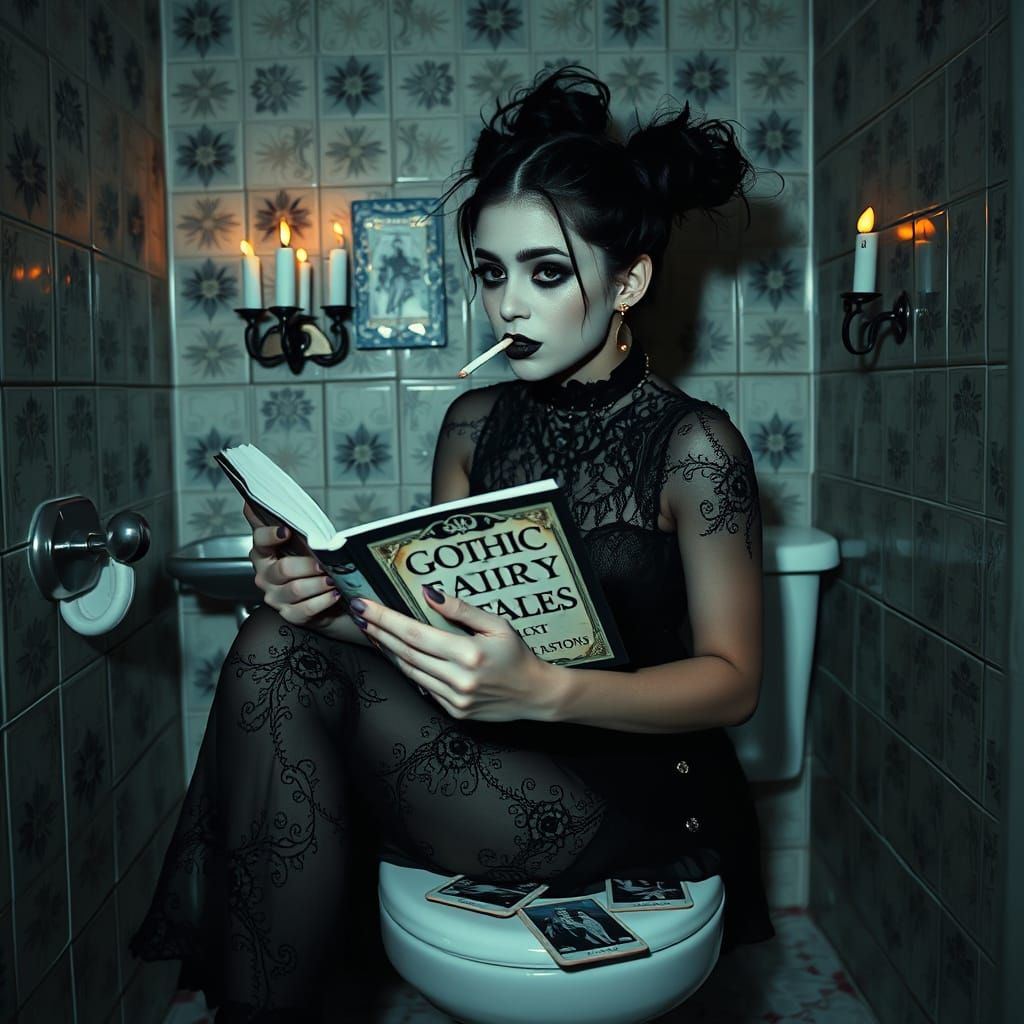 Gothic Woman in Candlelit Bathroom as Digital Art