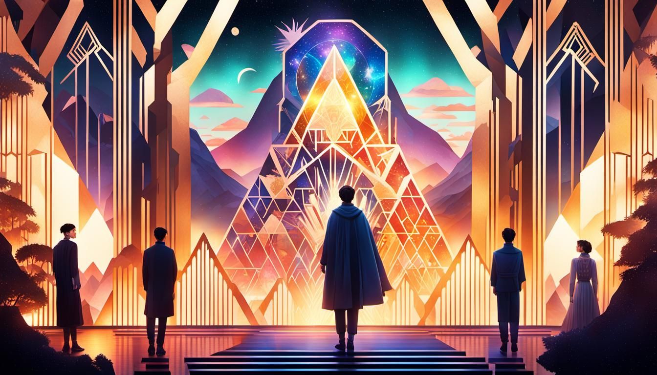 Ethereal Figures in Art Deco Galaxy Landscape