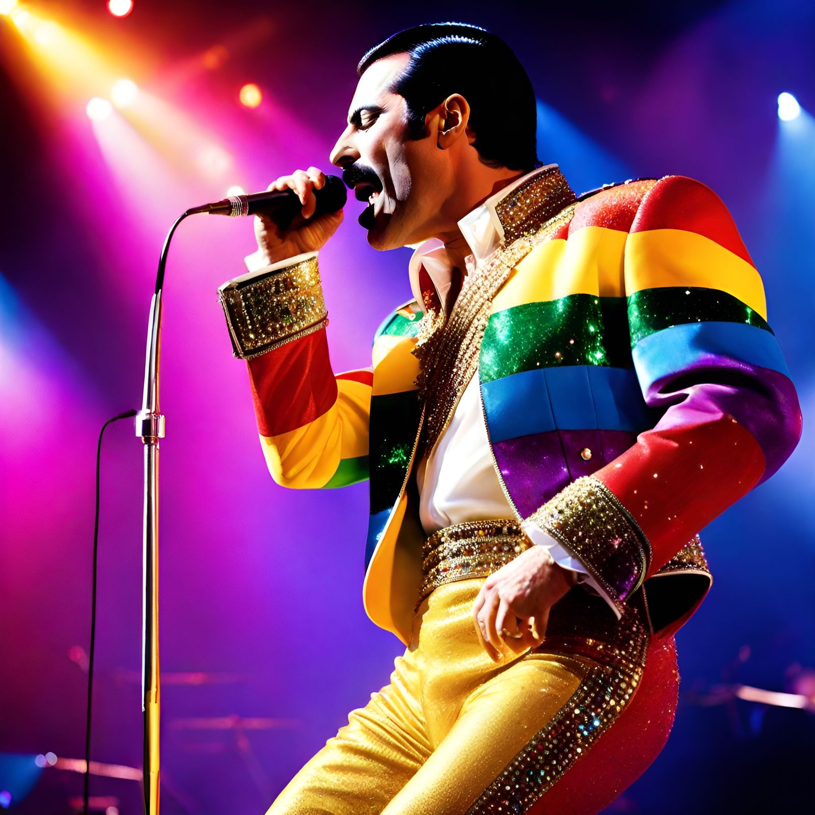 Ecstatic Singer on Stage in Rainbow Colors