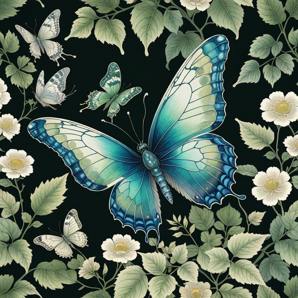 Delicate Japanese-Style Butterfly Perched on a Lush Green Br...