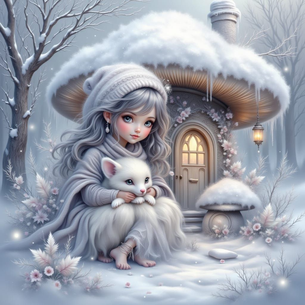 Girl and Fluffy Friend Under Snowy Mushroom House