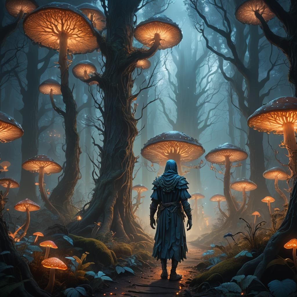 Mystical Figure in Bioluminescent Forest, Digital Art