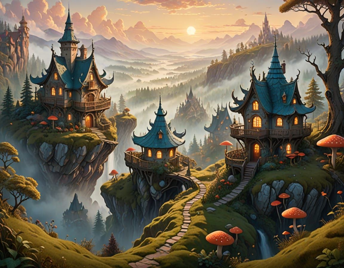 Whimsical Fantasy Village in Ethereal, Hyperdetailed Style