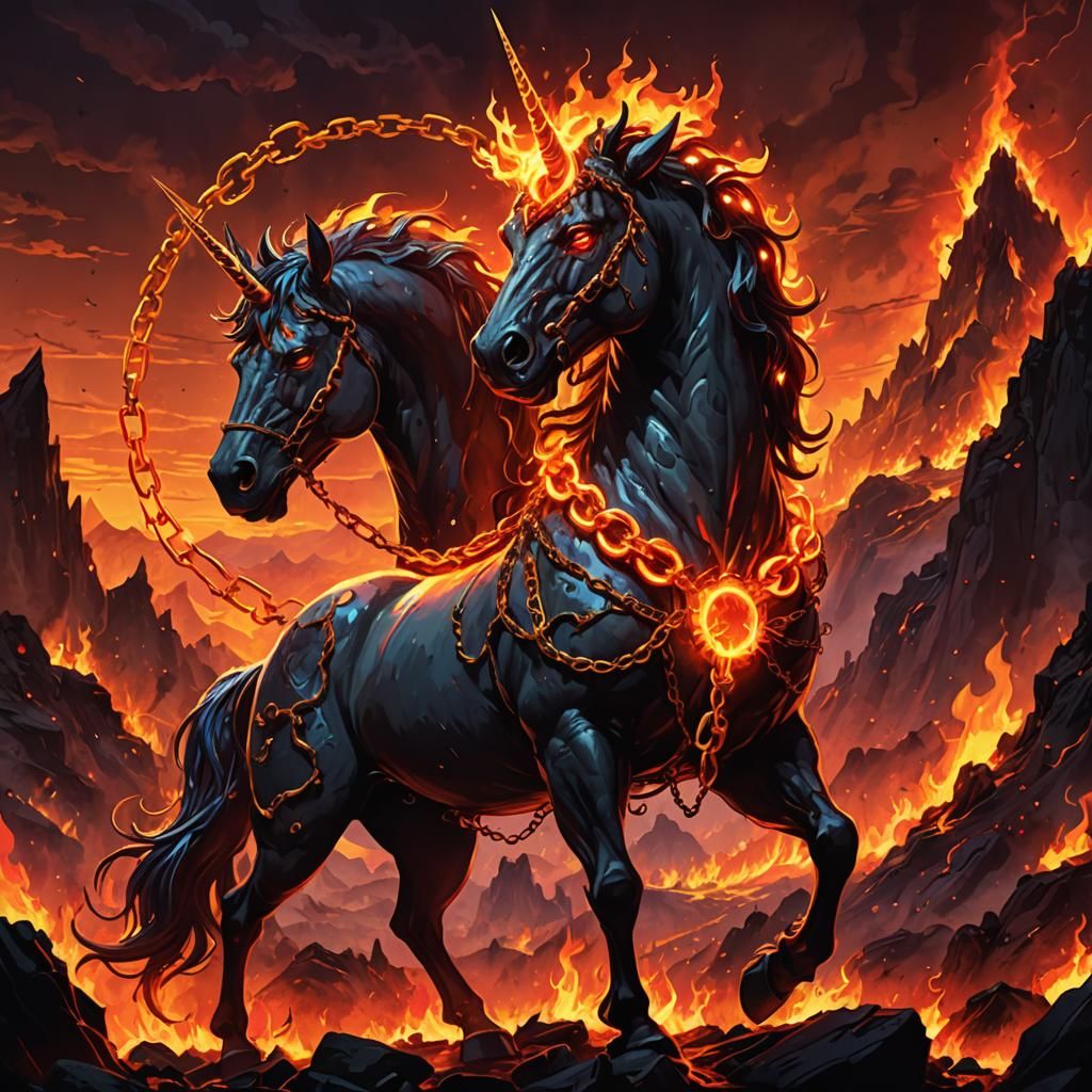 Devil Unicorn in Hellish Landscape with Fire Chain