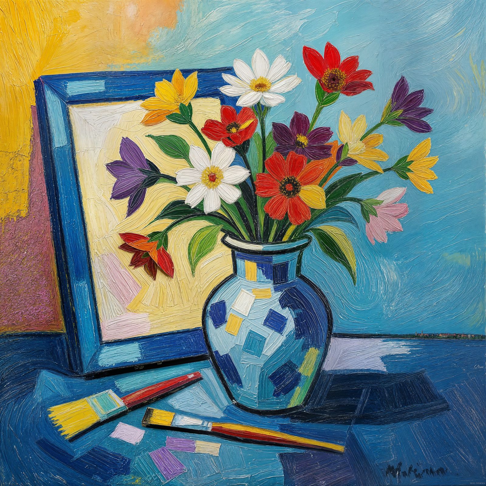 Vase of Flowers and Brush in Blue Frame