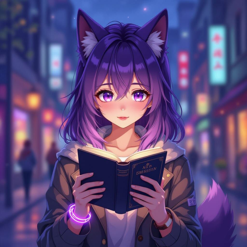 Anime Werewolf Girl Reads Book in City