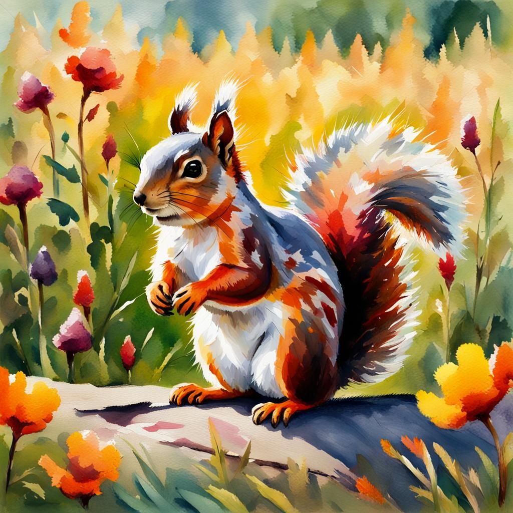 Squirrel in Summer Field: Gouache Watercolor Impressionism