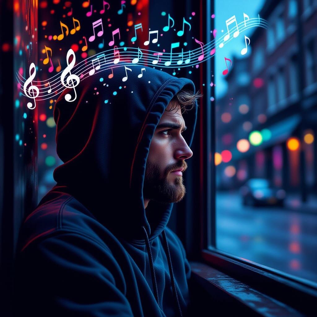 Man Lost in Thought with Music Notes, Dark Street View