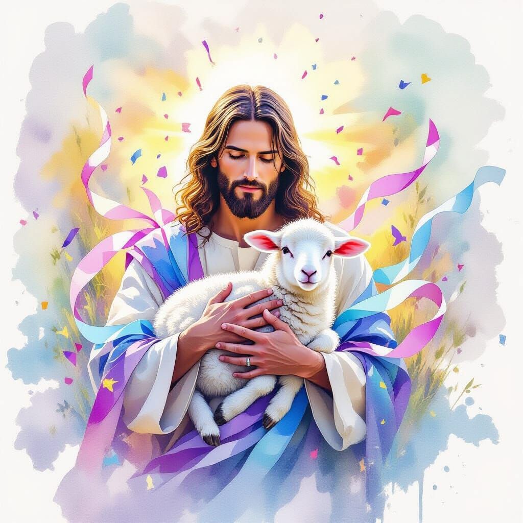 Jesus Holding Lamb with Ribbons and Confetti